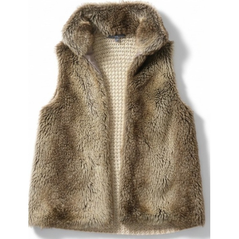 89th & Madison Womens Small Faux Fur Vest Cardigan Sweater Beige Open Front Cozy